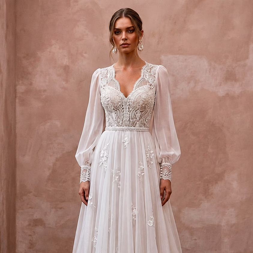 Romantic Chiffon Wedding Dress with Long Sleeves and A-Line Silhouette