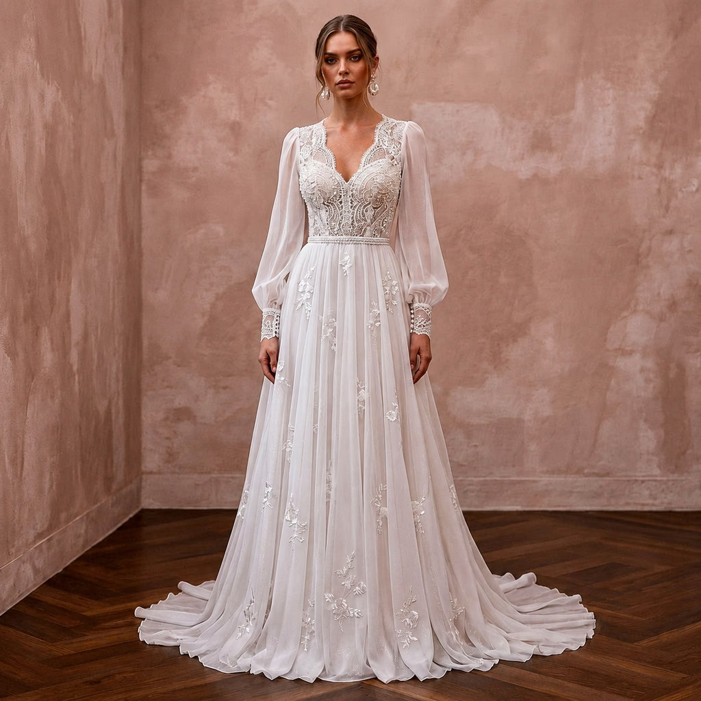 Romantic Chiffon Wedding Dress with Long Sleeves and A-Line Silhouette