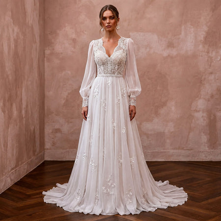 Romantic Chiffon Wedding Dress with Long Sleeves and A-Line Silhouette