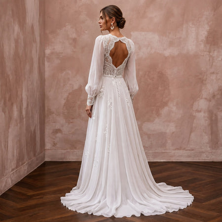 Romantic Chiffon Wedding Dress with Long Sleeves and A-Line Silhouette