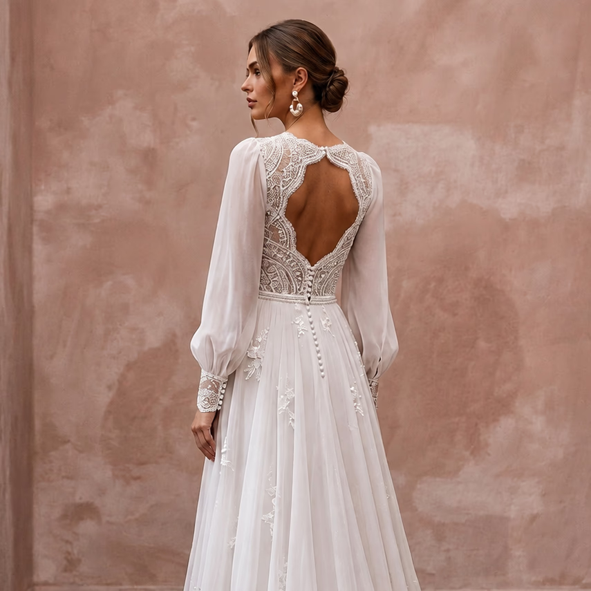 Romantic Chiffon Wedding Dress with Long Sleeves and A-Line Silhouette