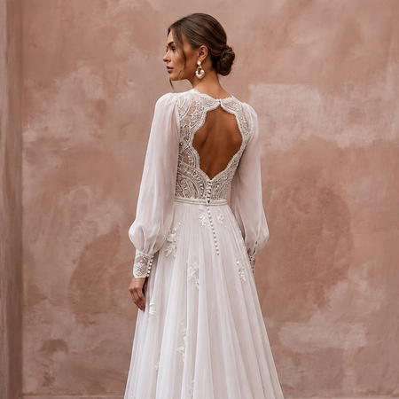 Romantic Chiffon Wedding Dress with Long Sleeves and A-Line Silhouette