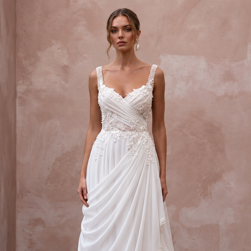 Romantic Chiffon Wedding Dress with Soft Draped Skirt