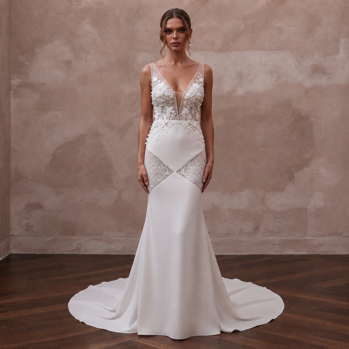 Romantic Crepe Mermaid Wedding Dress with Open Back - Apparel & Accessories > Clothing > Wedding & Bridal Party Dresses > Wedding Dresses - Mignonette Bridal Main image