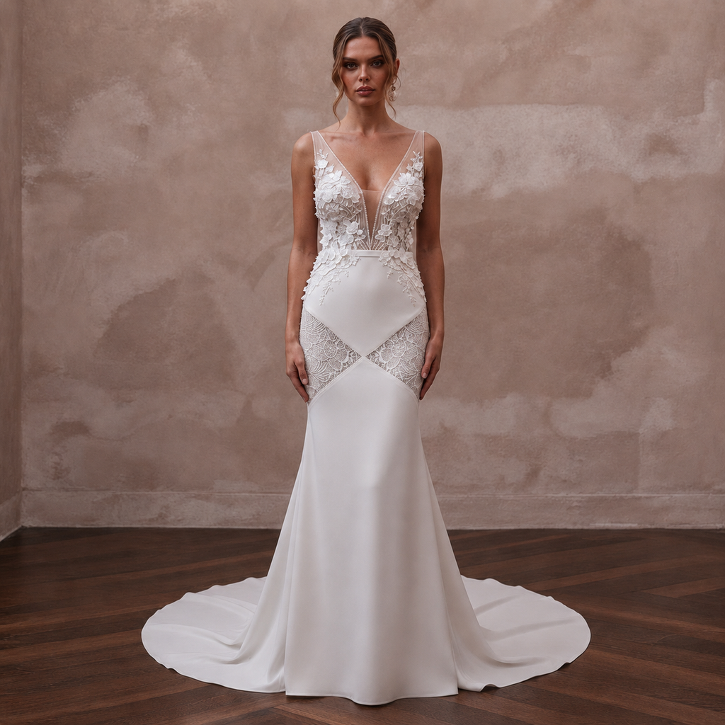 Romantic Crepe Mermaid Wedding Dress with Open Back