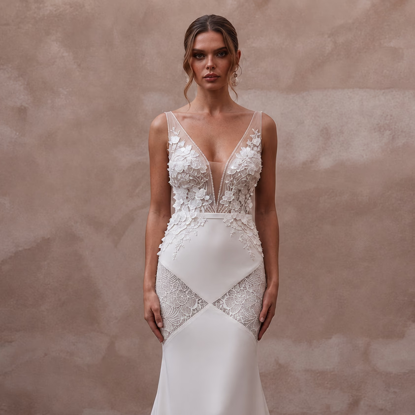 Romantic Crepe Mermaid Wedding Dress with Open Back - Apparel & Accessories > Clothing > Wedding & Bridal Party Dresses > Wedding Dresses - Mignonette Bridal
