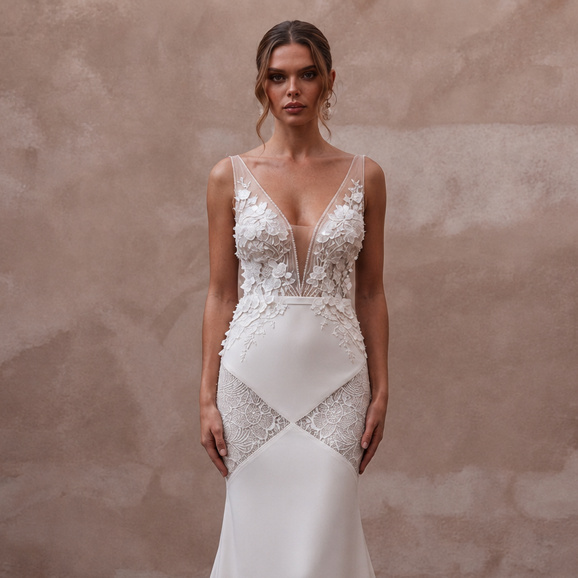 Romantic Crepe Mermaid Wedding Dress with Open Back