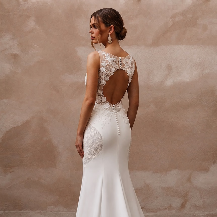 Romantic Crepe Mermaid Wedding Dress with Open Back - Apparel & Accessories > Clothing > Wedding & Bridal Party Dresses > Wedding Dresses - Mignonette Bridal