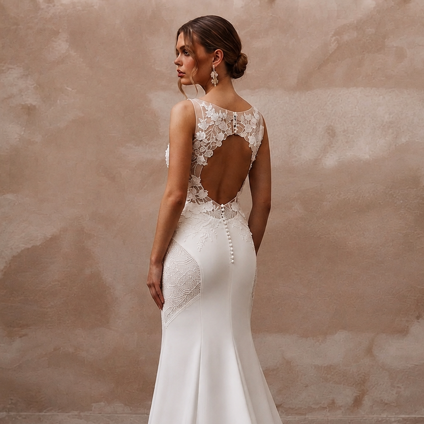 Romantic Crepe Mermaid Wedding Dress with Open Back