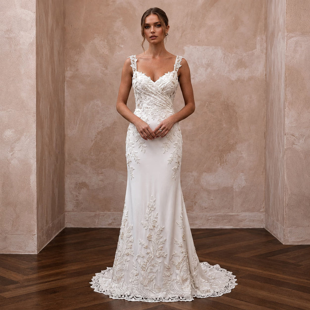 Romantic Crepe Wedding Dress for an Autumn Courthouse Ceremony - Apparel & Accessories > Clothing > Wedding & Bridal Party Dresses > Wedding Dresses - Mignonette Bridal Main image