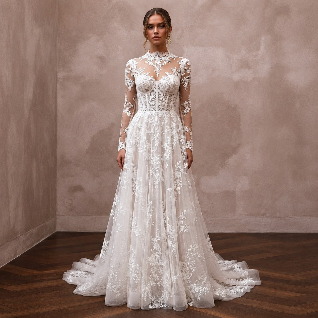 Romantic Embroidered Lace Wedding Dress with Long Sleeves Main image