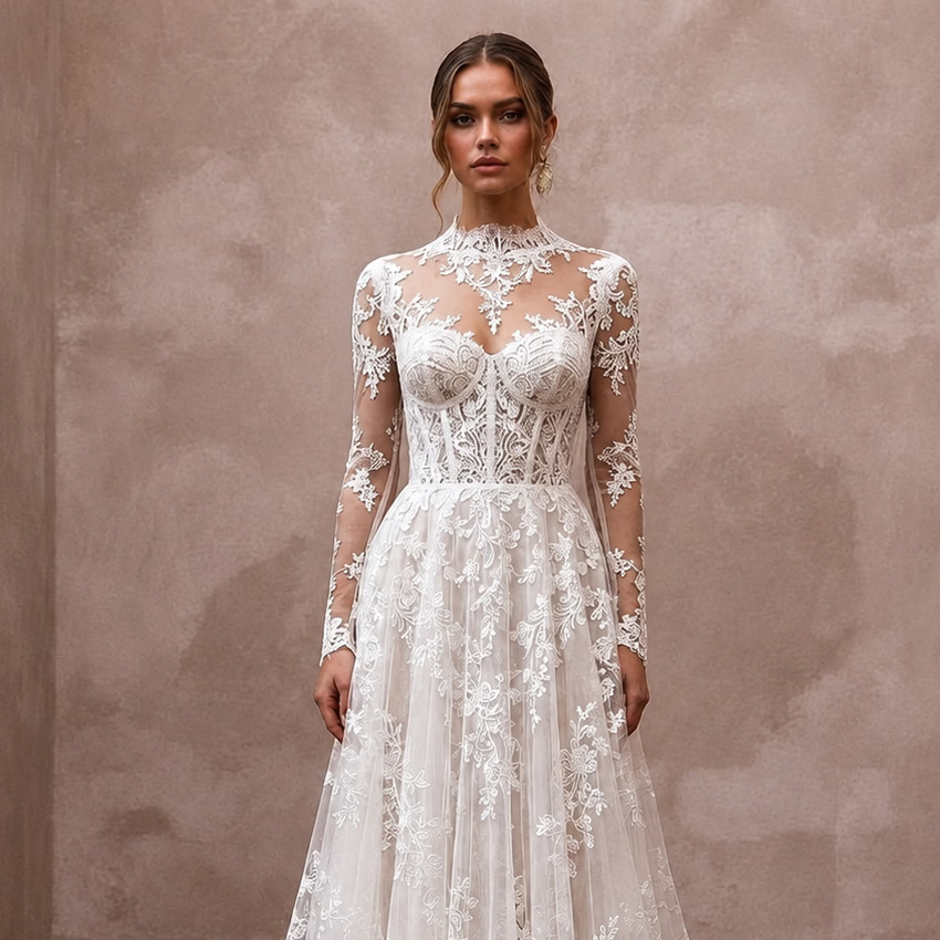 Romantic Embroidered Lace Wedding Dress with Long Sleeves