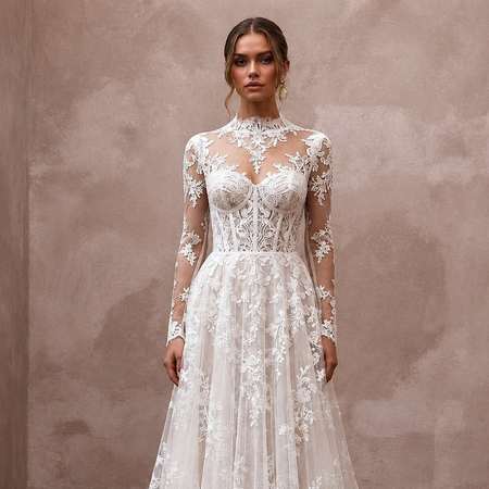 Romantic Embroidered Lace Wedding Dress with Long Sleeves