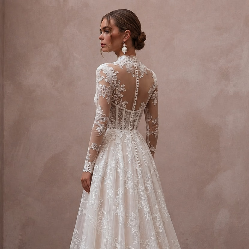 Romantic Embroidered Lace Wedding Dress with Long Sleeves