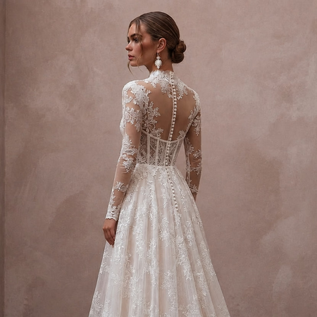 Romantic Embroidered Lace Wedding Dress with Long Sleeves