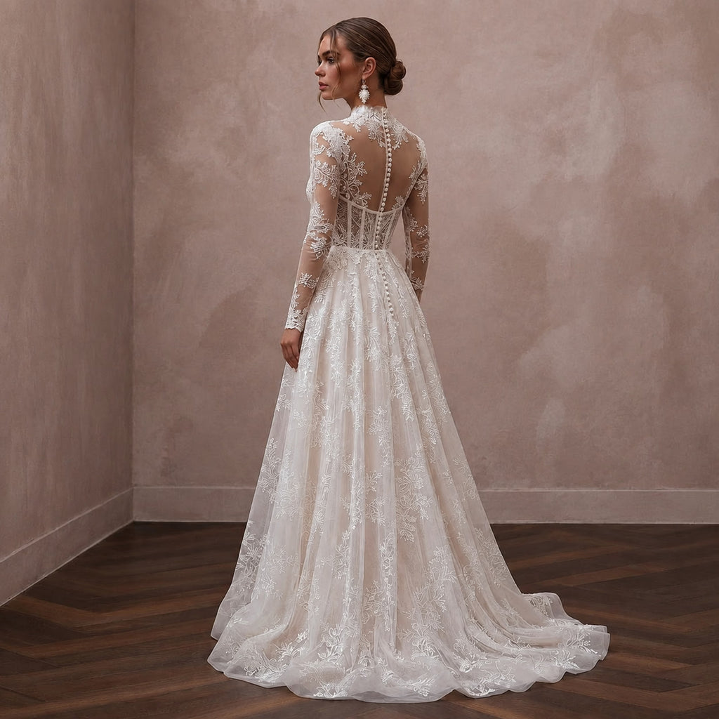 Romantic Embroidered Lace Wedding Dress with Long Sleeves