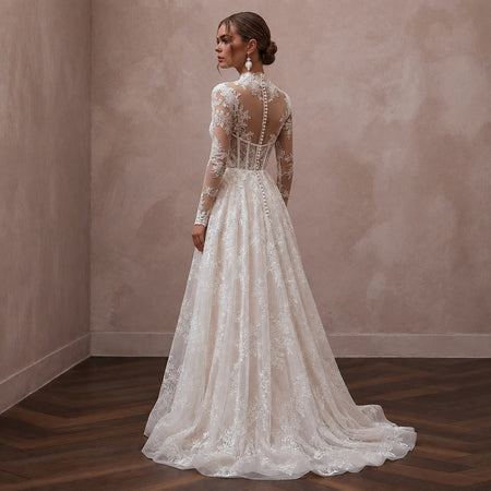 Romantic Embroidered Lace Wedding Dress with Long Sleeves