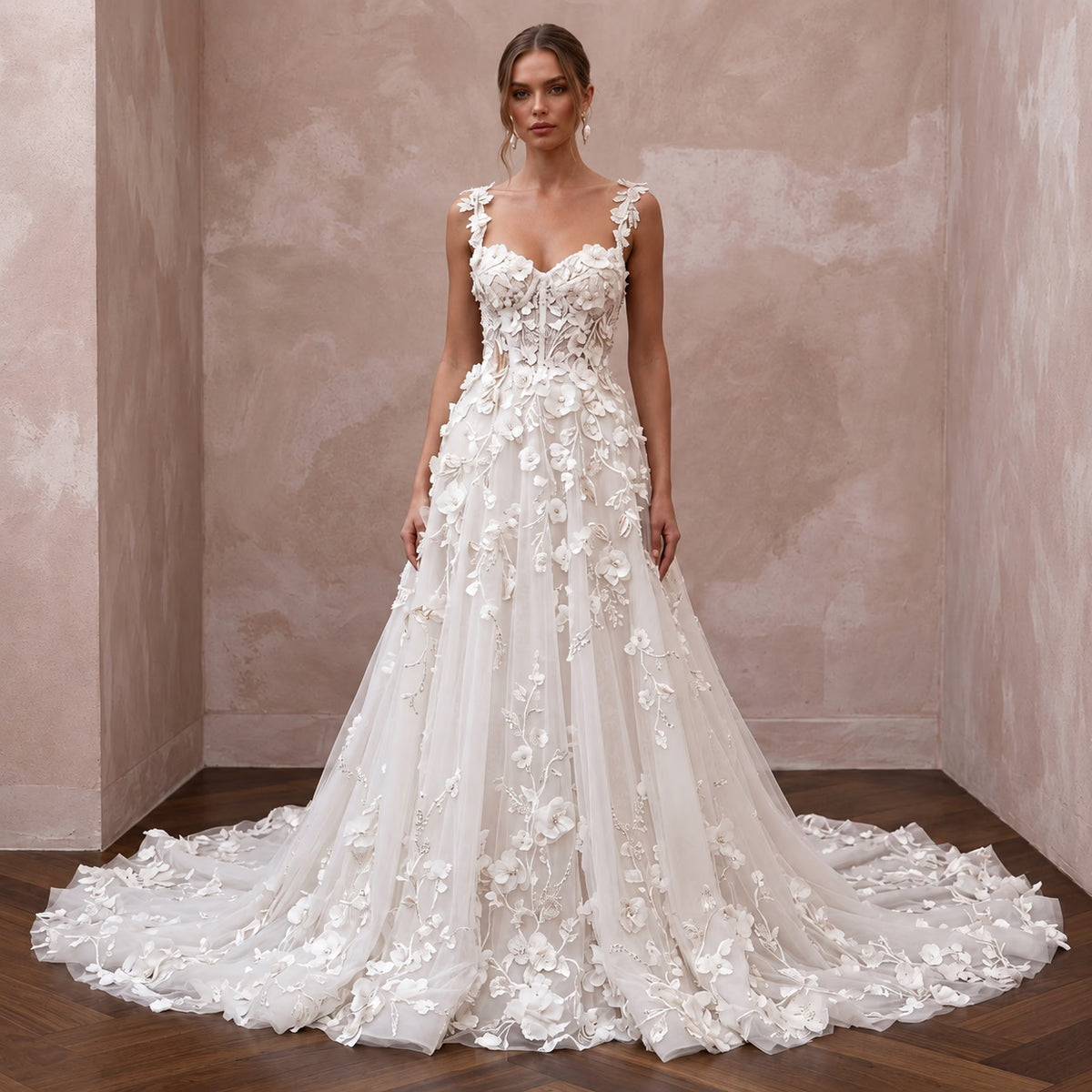 Romantic Fairytale Wedding Dress with Floral Appliques - Apparel & Accessories > Clothing > Wedding & Bridal Party Dresses > Wedding Dresses - Mignonette Bridal Main image