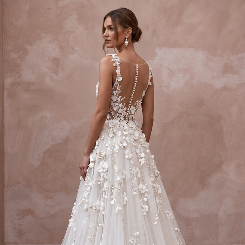 Romantic Fairytale Wedding Dress with Floral Appliques - Apparel & Accessories > Clothing > Wedding & Bridal Party Dresses > Wedding Dresses - Mignonette Bridal