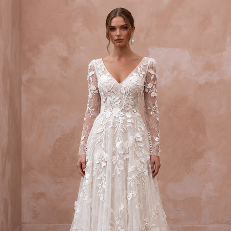 Romantic Floral Bridal Gown with Long Sleeves
