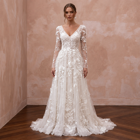 Romantic Floral Bridal Gown with Long Sleeves