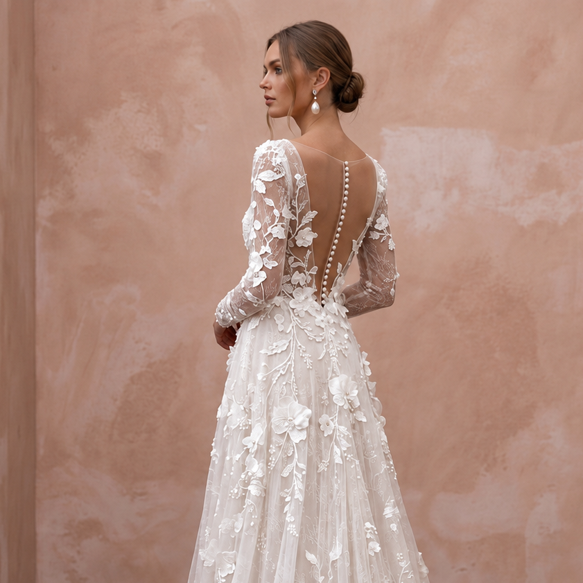 Romantic Floral Bridal Gown with Long Sleeves