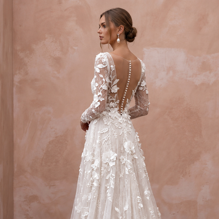 Romantic Floral Bridal Gown with Long Sleeves