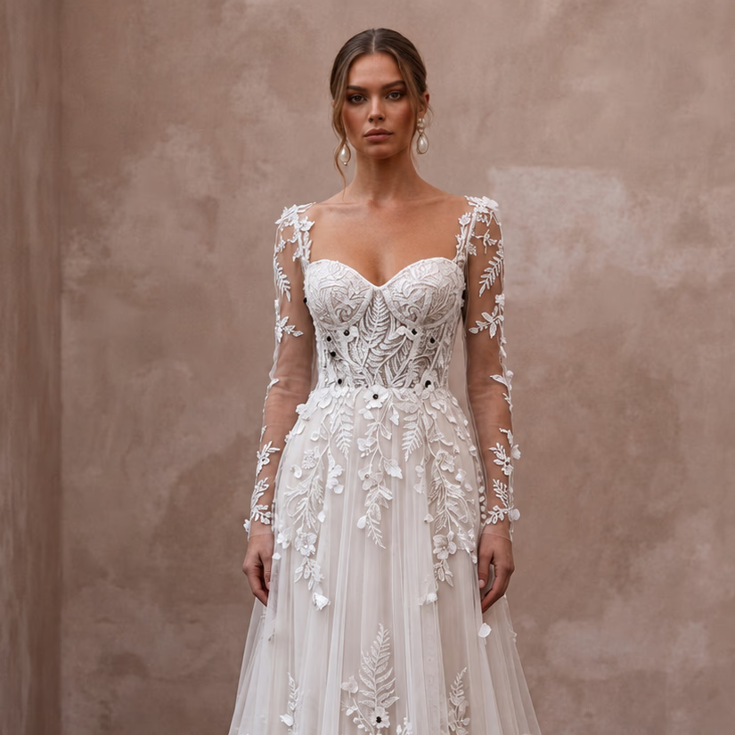 Romantic Floral Lace Bridal Dress for a Forest Wedding