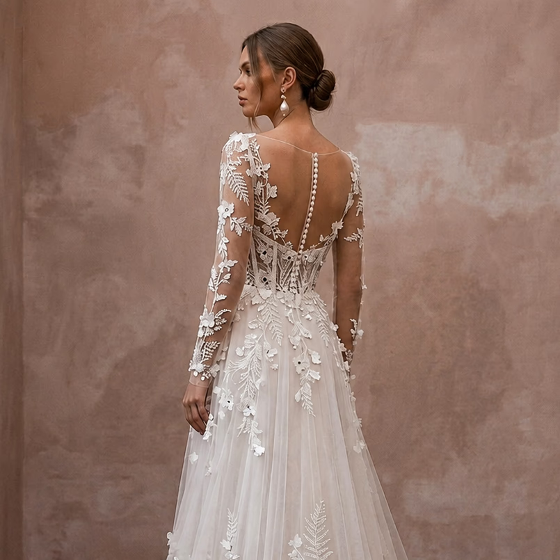 Romantic Floral Lace Bridal Dress for a Forest Wedding