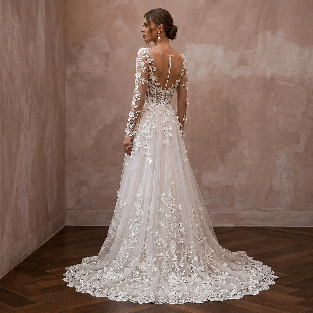 Romantic Floral Lace Bridal Dress for a Forest Wedding