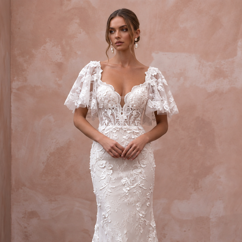 Romantic Floral Lace Wedding Dress with Flutter Sleeves