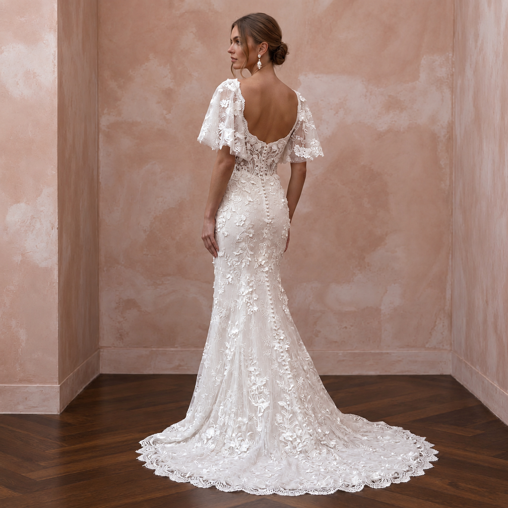 Romantic Floral Lace Wedding Dress with Flutter Sleeves