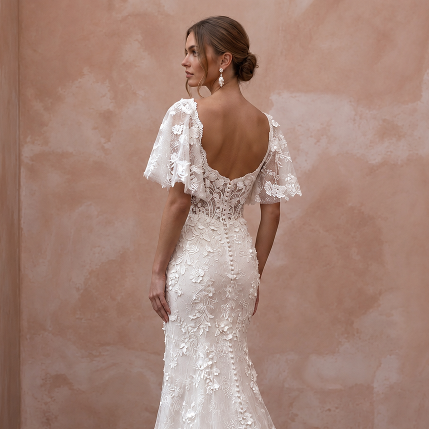 Romantic Floral Lace Wedding Dress with Flutter Sleeves