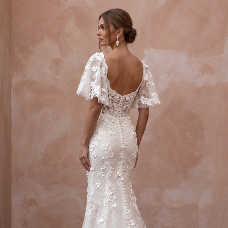 Romantic Floral Lace Wedding Dress with Flutter Sleeves