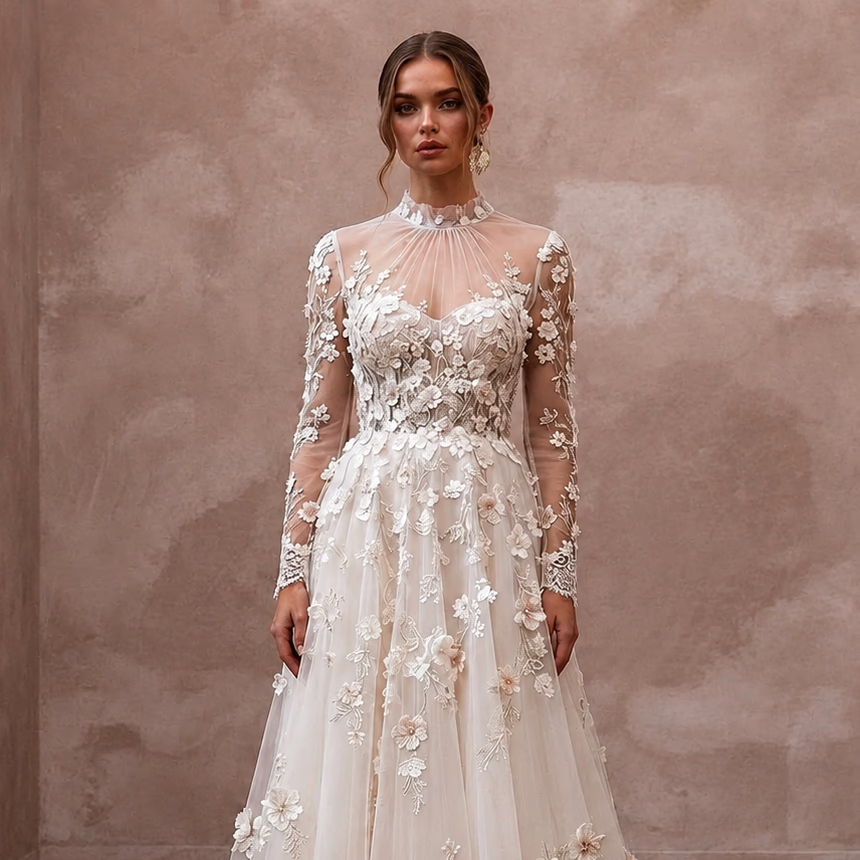 Romantic Garden Wedding Dress with Floral Appliques and A-Line Silhouette