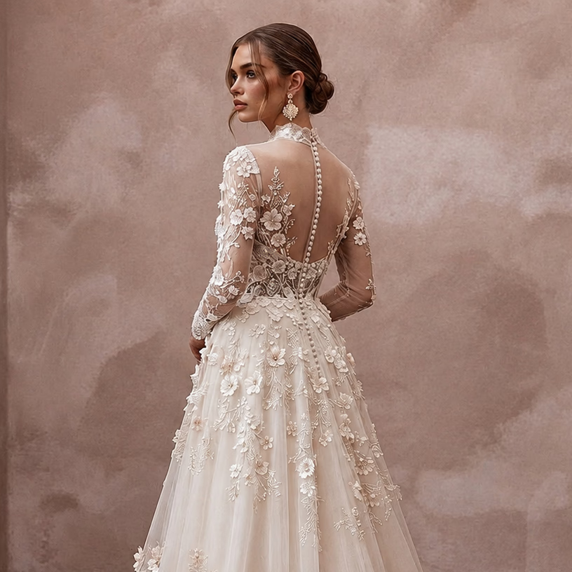 Romantic Garden Wedding Dress with Floral Appliques and A-Line Silhouette