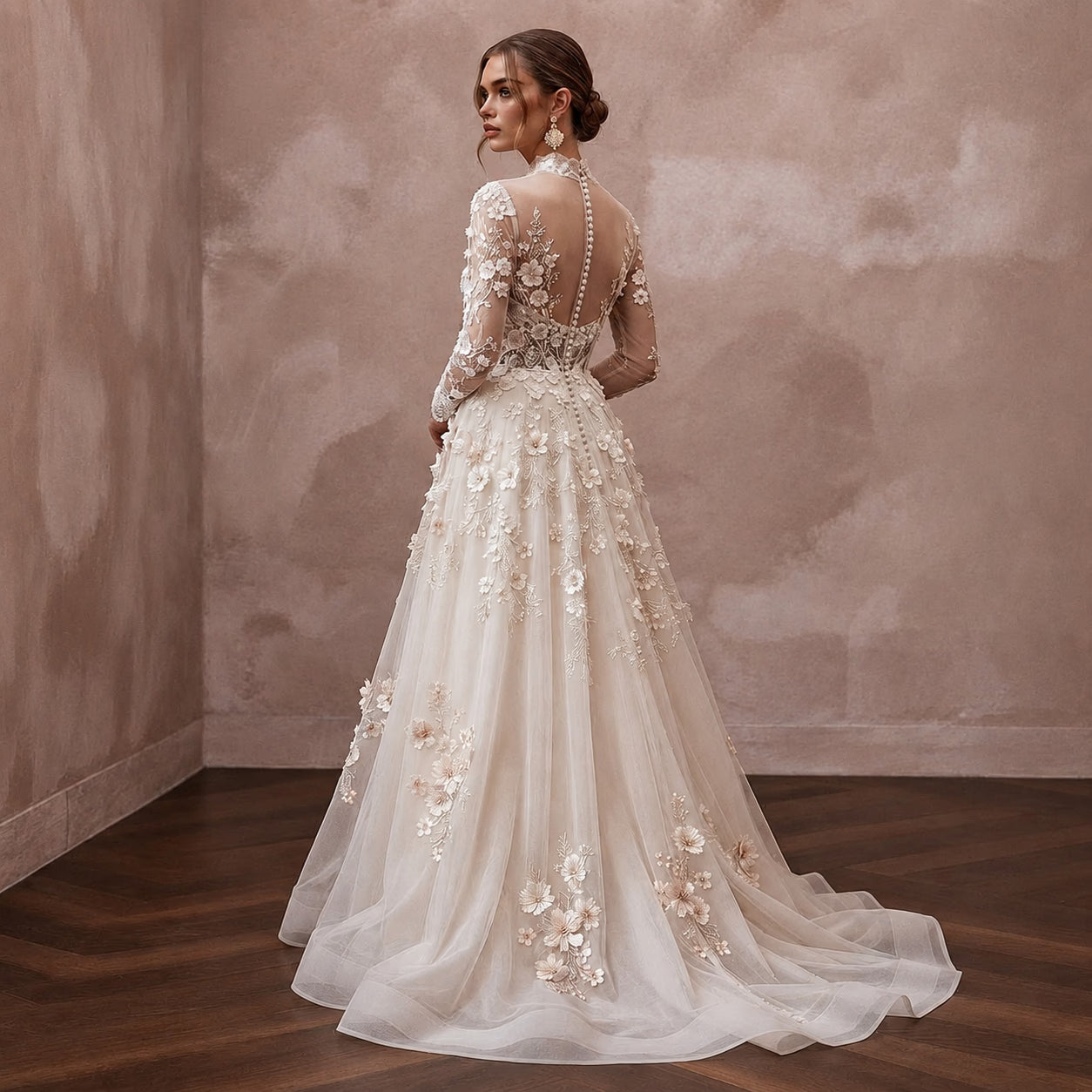 Romantic Garden Wedding Dress with Floral Appliques and A-Line Silhouette