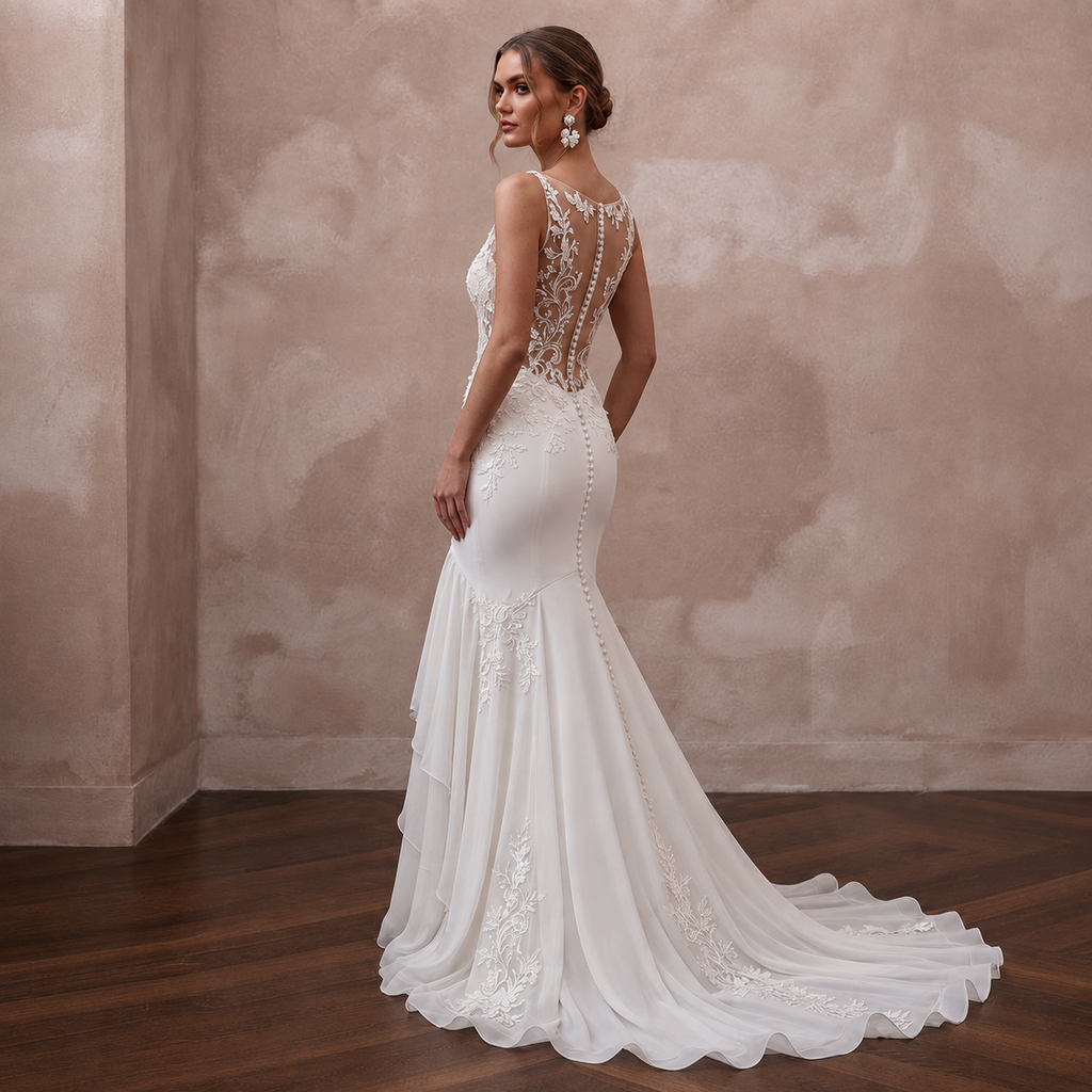 Romantic Ivory Chiffon Mermaid Bridal Dress for Seaside Vow Renewal