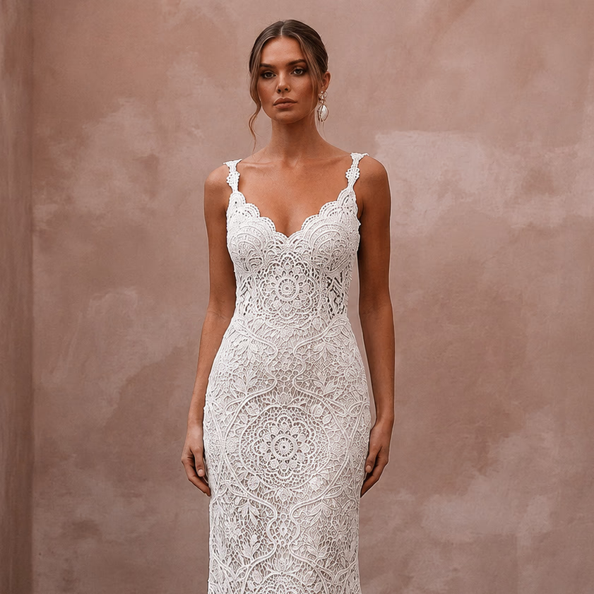 Romantic Ivory Crochet Lace Dress for Beach Engagement - Apparel & Accessories > Clothing > Wedding & Bridal Party Dresses > Wedding Dresses - Mignonette Bridal