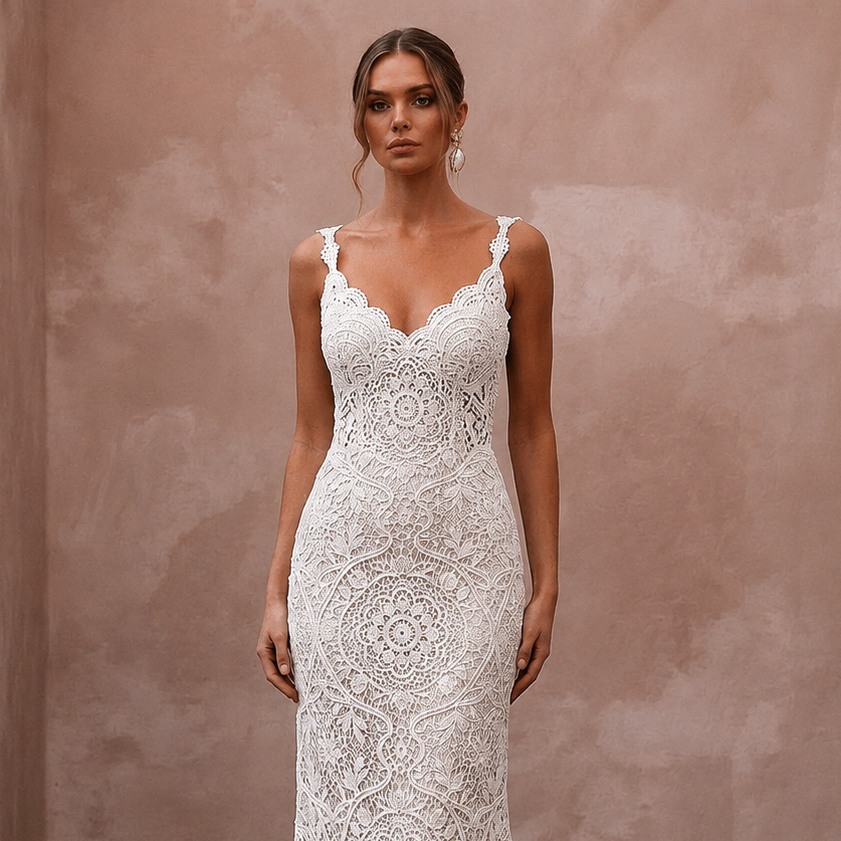Romantic Ivory Crochet Lace Dress for Beach Engagement