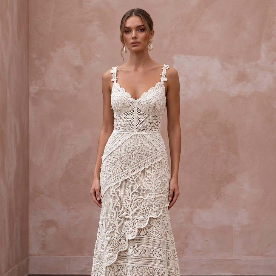 Romantic Ivory Crochet Lace Wedding Dress for Beach Engagement