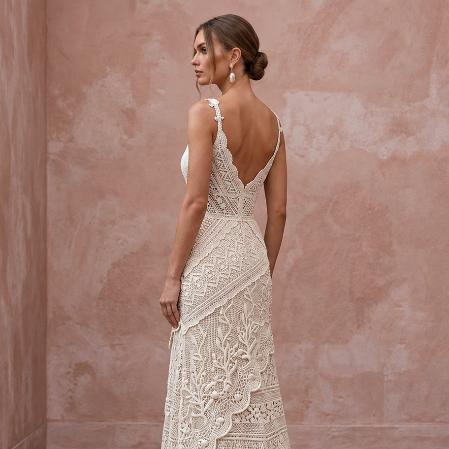 Romantic Ivory Crochet Lace Wedding Dress for Beach Engagement