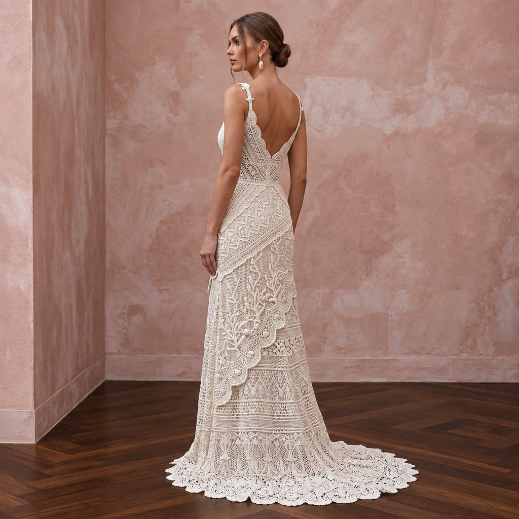 Romantic Ivory Crochet Lace Wedding Dress for Beach Engagement