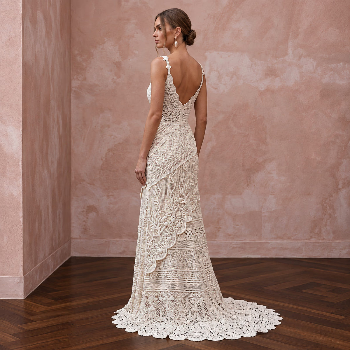 Romantic Ivory Crochet Lace Wedding Dress for Beach Engagement