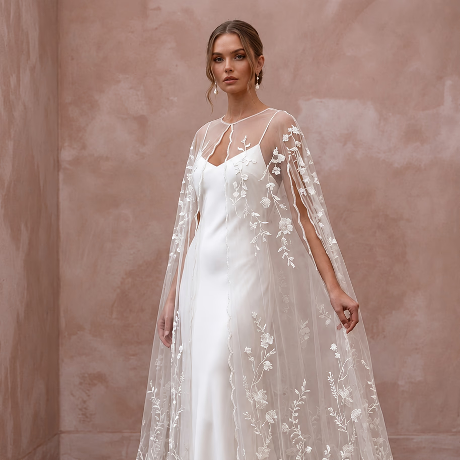 Romantic Ivory Embroidered Tulle Bridal Cape & Slip Dress for Vow Renewal