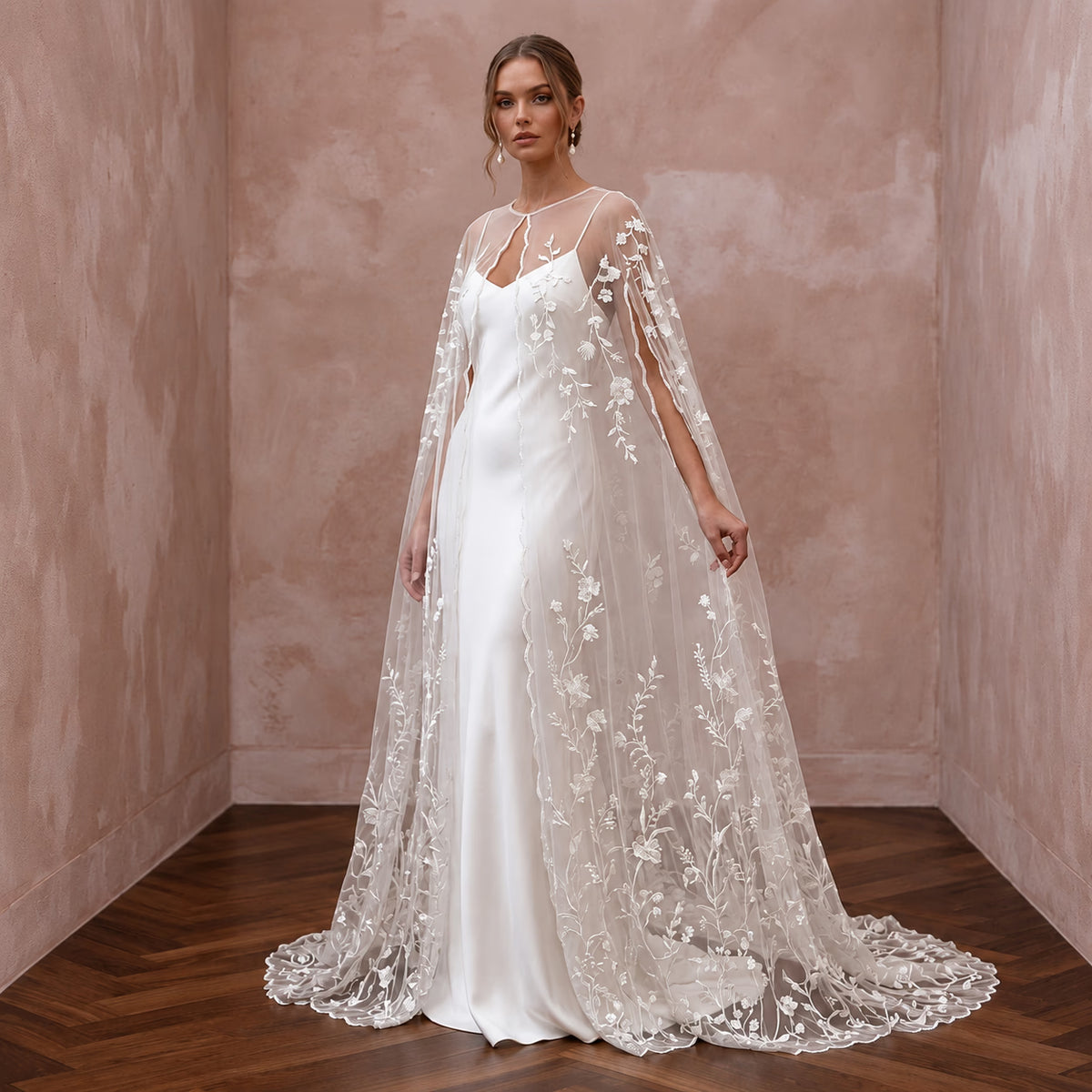 Romantic Ivory Embroidered Tulle Bridal Cape & Slip Dress for Vow Renewal