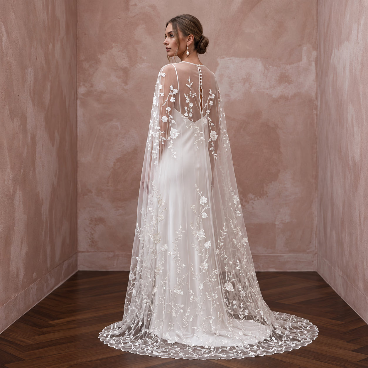Romantic Ivory Embroidered Tulle Bridal Cape & Slip Dress for Vow Renewal Secondary image
