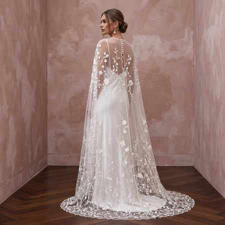 Romantic Ivory Embroidered Tulle Bridal Cape & Slip Dress for Vow Renewal