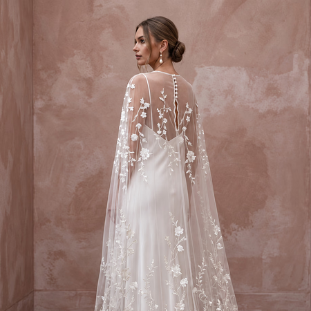 Romantic Ivory Embroidered Tulle Bridal Cape & Slip Dress for Vow Renewal