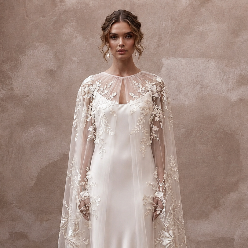 Romantic Ivory Embroidered Tulle Cape & Slip for Vow Renewal